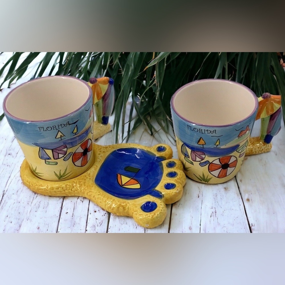 Coffee Tea Mug Set(2) Florida Beaches Hang Ten Saucer Ceramic Hand Painted